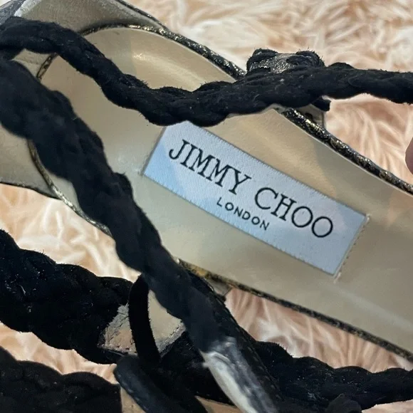 JIMMY CHOOBlack & Gold Snake Skin Print Suede Peep Toe Lace Up Heels39.5 9